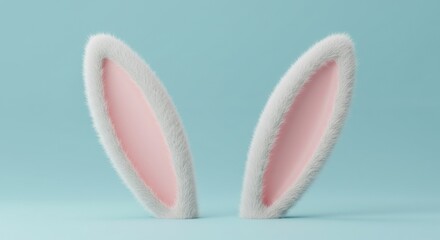 Two fluffy white and pink rabbit ears stand against a light blue background, representing Easter.