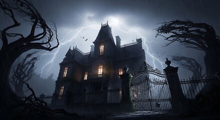 Spooky Haunted Mansion Silhouetted Against Stormy Night Sky with Lightning.