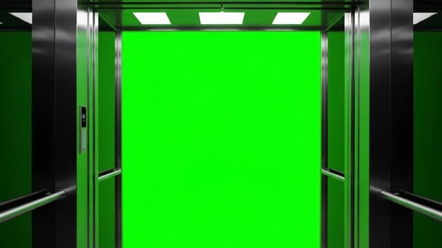 Elevator with Green Screen Background - An elevator interior with open doors revealing a bright green screen. The video provides a background ready for chroma key effects.