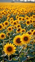 Naklejka premium Vibrant yellow sunflowers in full bloom stretch across a vast field, bathed in golden sunlight. Their tall stalks sway gently in a summer breeze, blossom, sunny, bloom