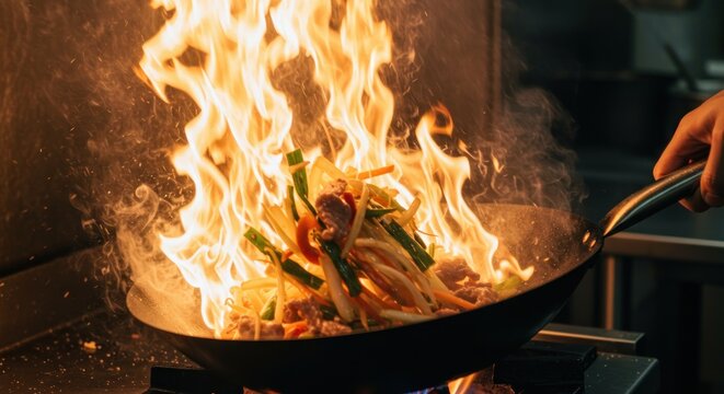 Stir-fried Dish in a Wok Culinary Creation with Flame and Fresh Ingredients