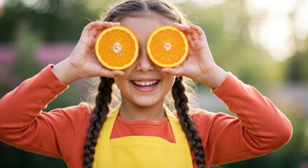 Cheerful young girl playfully holds orange slices over her eyes, enjoying a healthy snack outdoors in natural light