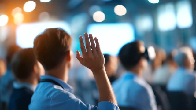 Tech experts present VR and AI tech at a summit showcasing business applications with VR gear on generic demo screens a digital display with virtual visuals an engaged