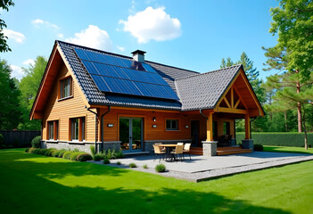 Naklejka premium Solar Panel Station on Old House Roof with Wooden Facade and Dormers Windows. Modern Technology of Old House. Passive House