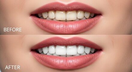 Fototapeta premium A before and after close-up shot showcases a person's whiter teeth, achieved through a whitening treatment, contrasted against soft focus skin, in bright lighting.