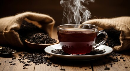Dark Tea in Glass Cup on Wooden Table.