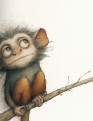 Un pequeño mono con una expresión juguetona mira hacia arriba con curiosidad.