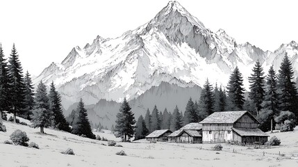Classic monochrome drawing mountain forest houses high resolution picture