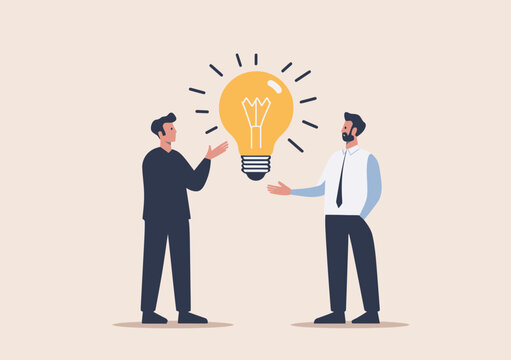 Two businessmen sharing glowing light bulb idea symbolizing collaboration creativity innovation and problem solving in minimalist flat vector style