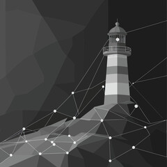 Monochrome polygonal lighthouse with geometric low poly background and connecting dots and lines technology network design in flat vector style