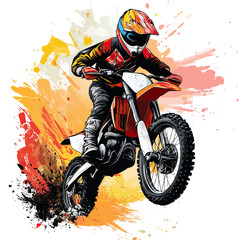 Motocross rider jumping dirt bike with colorful grunge splatter background dynamic off-road racing illustration