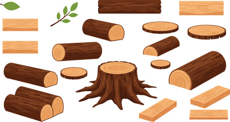 Tree stump, wood log, timber cross-section, bark texture, forest elements, lumber planks, natural material, leaves, growth rings, illustration set