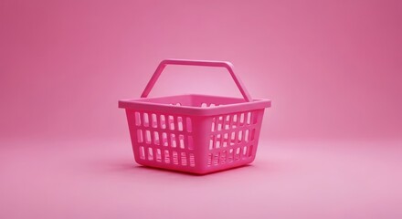 Fototapeta premium Pink plastic shopping basket on pink background, centered, simple scene
