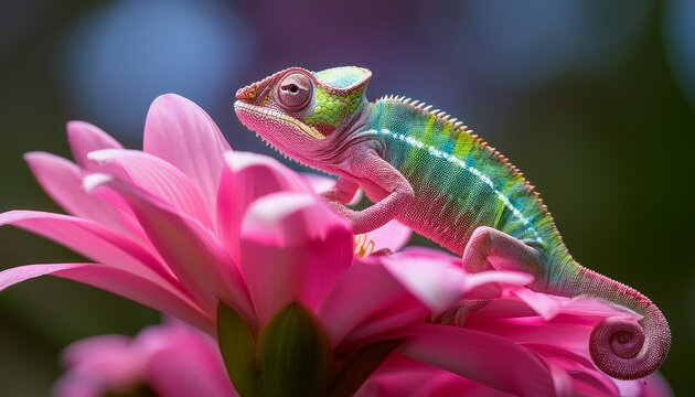 vibrant chameleon on pink flower stunning nature photography - Powered by Adobe