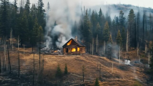 Cabin engulfed in flames amidst a forest fire devastating the landscape