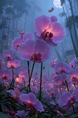 Enchanting purple flowers butterflies moonlight high resolution picture