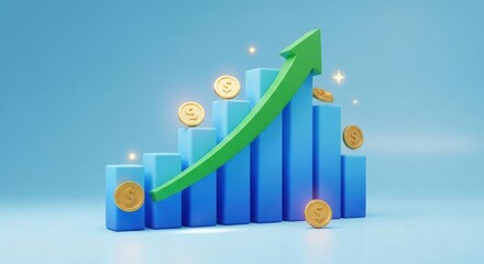 Rising bar graph with green arrow and golden coins on a blue backdrop