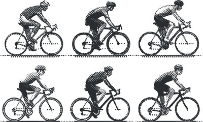 Obraz premium Illustration of cyclists in various riding positions, depicted in a halftone dot style.