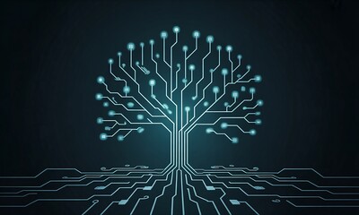 Digital tree with glowing blue circuit board branches on dark background technology network