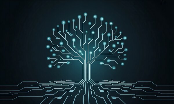 Digital tree with glowing blue circuit board branches on dark background technology network