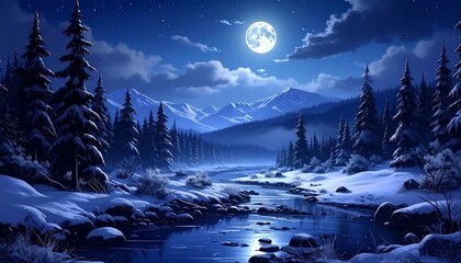 A moonlit winter landscape showcases a snowy river flowing through a pine forest, mountains in the backdrop under a starlit sky