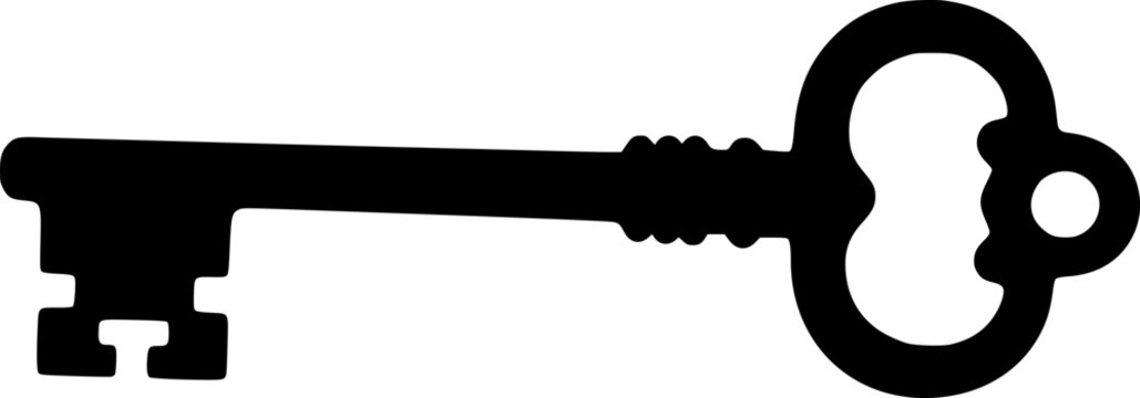 Skeleton key silhouette. This image shows a black silhouette of an ornate, antique skeleton key with intricate details, used for unlocking vintage locks. Vector clipart illustration design