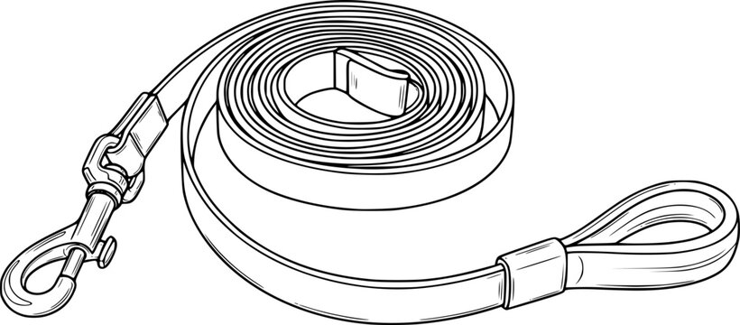 Dog leash drawing. It is a black and white outline image of a dog leash, a pet accessory for walking and control. Vector sketch line art draw.