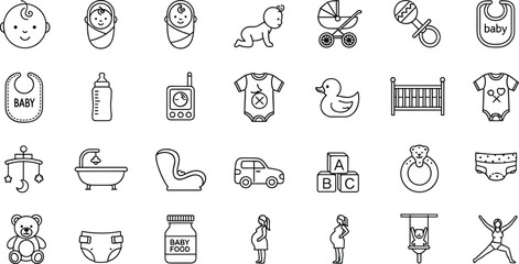 Baby icons, childcare symbols, infant, stroller, pacifier, bottle, bib, crib, toy, teddy, diaper, food, pregnant, mother, family