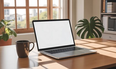 Fototapeta premium Laptop and coffee mug on a wooden desk with sunlight streaming through a window computer