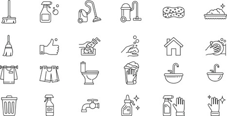Cleaning icons, hygiene symbols, broom, mop, sponge, spray bottle, vacuum, gloves, toilet, sink, faucet, soap, hand wash, sanitation, household chores