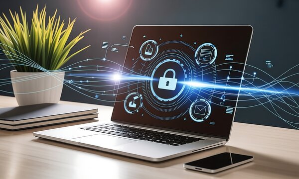 Silver laptop on desk displaying digital security padlock and network data streams technology