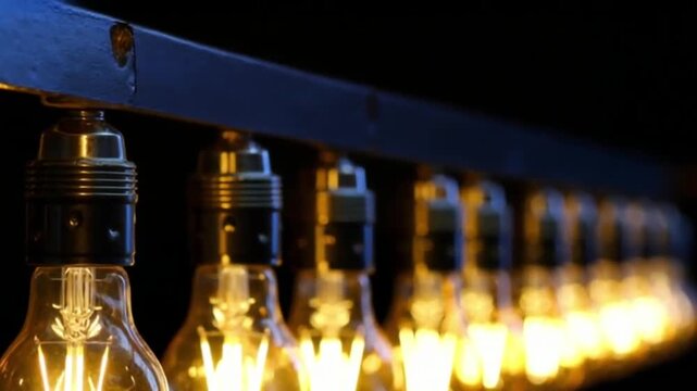 Elegant warm glowing vintage light bulbs in a row, ideal for creating a moody Video ambiance