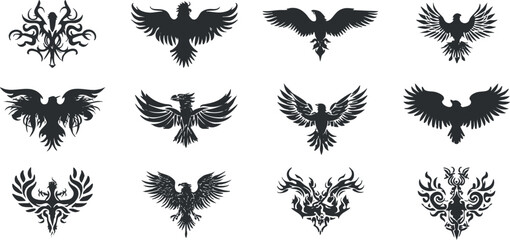 Collection of black phoenix tattoo designs with various wing and feather patterns in silhouette style.
