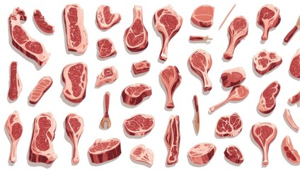 Assortment of raw meat cuts, displayed on a white surface with detailed textures