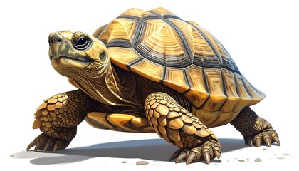 Obraz premium A photorealistic image featuring a golden brown turtle against a white background. The reptile has a detailed shell, textured skin, and focused gaze