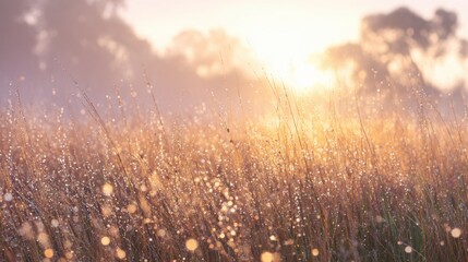 Naklejka premium soft sunrise over a meadow with dew drops, golden light, pastel mist, peaceful and gentle composition
