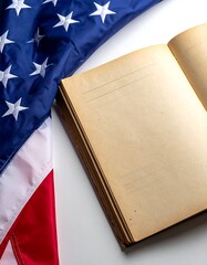 USA flag partial and vintage open book with lined pages