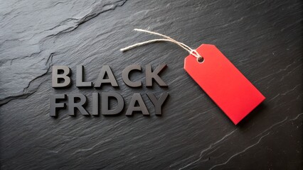 Black friday text with a red sale tag on a dark slate surface