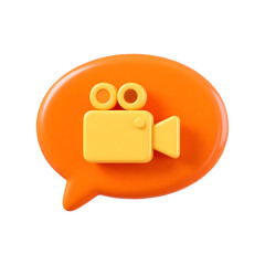 Orange speech bubble with yellow video camera icon inside 3D isolated on transparent background