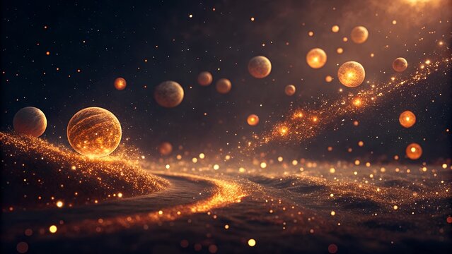 Cosmic galaxy with glowing planets and star dust in orange hues - Powered by Adobe