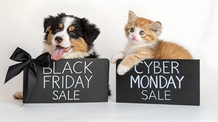 Cute puppy and kitten with black friday and cyber monday sale signs
