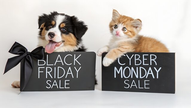 Cute puppy and kitten with black friday and cyber monday sale signs