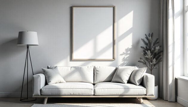 Elegant Living Room with Blank Frame Mockup for Art Display in Warm Sunlight
