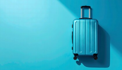 Flat lay of blue suitcase on blue background with copy space. Minimalist top view for travel, summer vacation, holiday, and packing concept.
