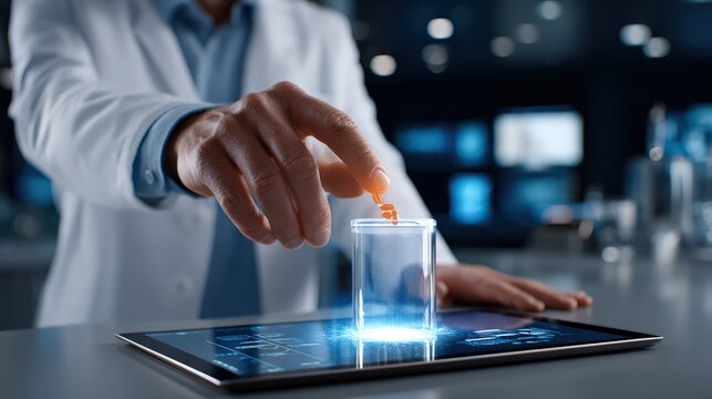 Scientist Using Dropper with Digital Beaker on Tablet
