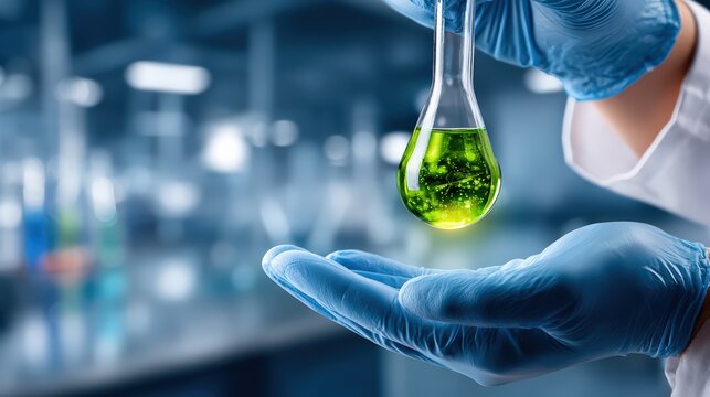 Green Liquid in Laboratory Flask Held by Gloved Hands