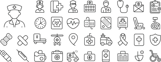 Medical healthcare icon set with doctor, nurse, hospital, medicine, ambulance, stethoscope, first aid, treatment and medical symbol illustration