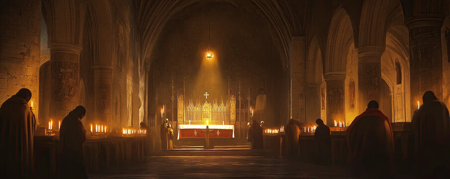 Mystical art inspired by the legend of Purgatory and the monks of Cluny. Medieval monastery interior glowing with candlelight, spirits rising above the altar, and a sacred 11th century atmosphere