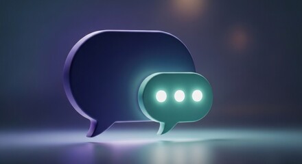 Two stylized chat bubbles, one overlapping, glowing dots on dark background