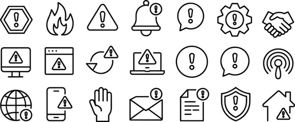 Modern alert and warning icon set with minimal line design, security, communication, computer, and internet safety symbols collection